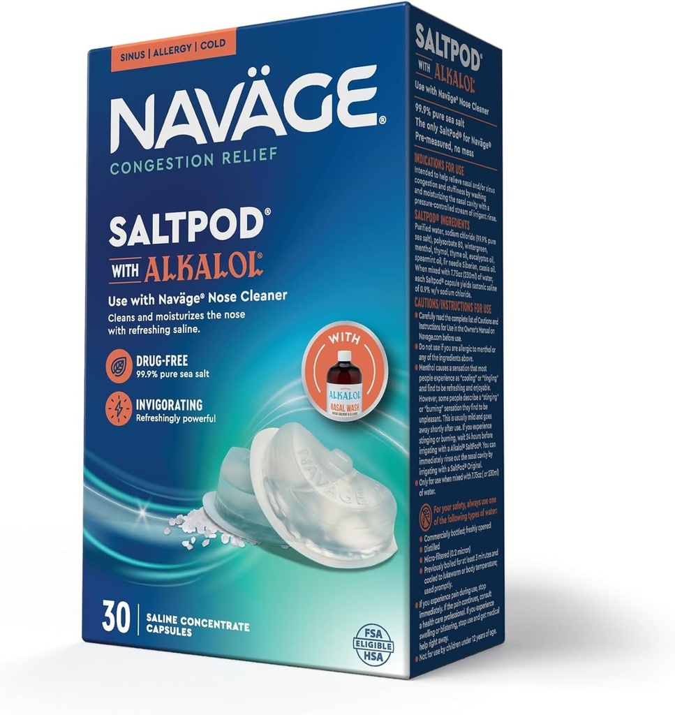Navage SaltPod w/Alkalol 30 Pack (30 SaltPods) Salt Pod Refills רק - עיצוב בלעדי מערכת השקיה Nasal - Sinus Rinse ו Alkalol Pods for Fast & Soothing הקלה