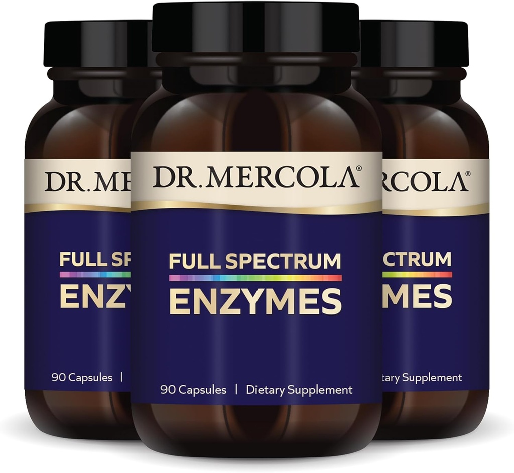 Dr. Mercola Full Spectrum Enzymes - 22 Enzymes שונות - תמיכה בריאות עיכול & Immune - עוזר Digestates, Fats & חלבונים - non-GMO, Gluten-Free & Soy-Free 90 קפסולות (3 Pack)