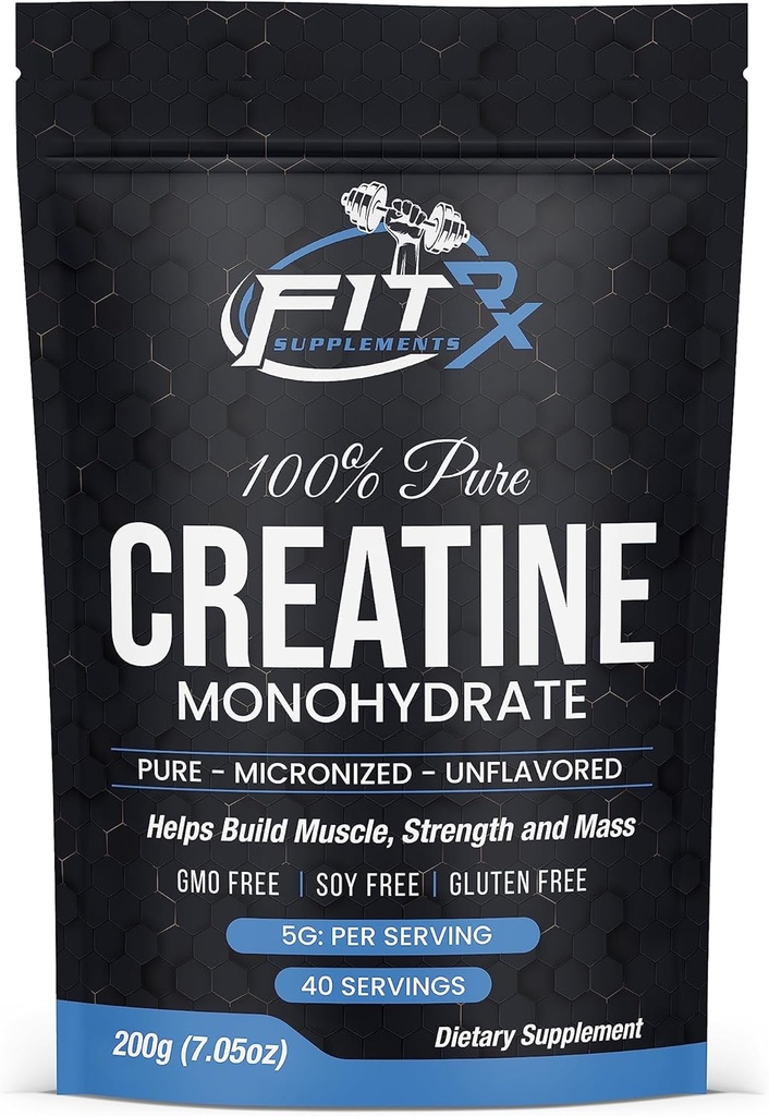FITRxSupplements.com Pure Creatine Monohydrate אבקה - Zero הוסיף Ingredients - No Calories, 5g לכל משרת, Unflavored 40 משרתים, 200g, Quick Dissolveients