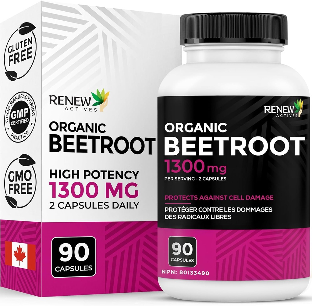 Renew Actives Organic Beetroot תוסף 1300MG לכל 2 קפסולות - אבקת Beetroot טהורה עבור Circulation, אנרגיה טבעית ויתרונות אנטי-חמצן - High-Potency Superfood, המיוצר בקנדה - 90 קפסולות