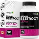 Renew Actives Organic Beetroot תוסף 1300MG לכל 2 קפסולות - אבקת Beetroot טהורה עבור Circulation, אנרגיה טבעית ויתרונות אנטי-חמצן - High-Potency Superfood, המיוצר בקנדה - 90 קפסולות