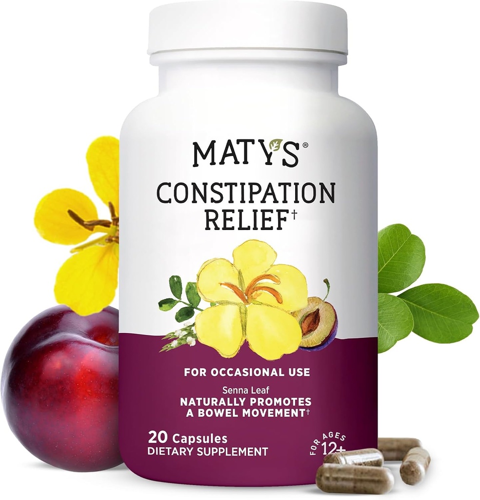 Matys Constipation Relief קפסולות, צמחי מרפא Laxative Relieves Constipation, מקדם Smooth Bowel תנועה & Gut בריאות, בטוח ויעיל למבוגרים ולילדים 12 שנים +, 20 קפסולות צמחוניות