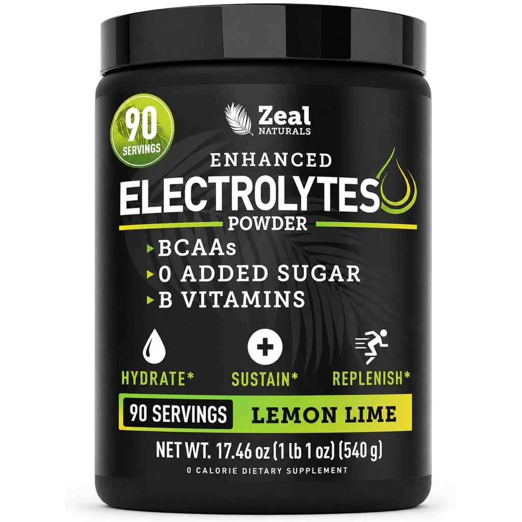 Zeal Naturals Electrolyte אבקת Recovery לשתות (90 מנות | לימון Lime) w 0 Sugar +BCAAs +B-Vitamins Electrolyte תוסף w Potassium Zinc & Magnesium עבור הידרה - Keto Electrolytes