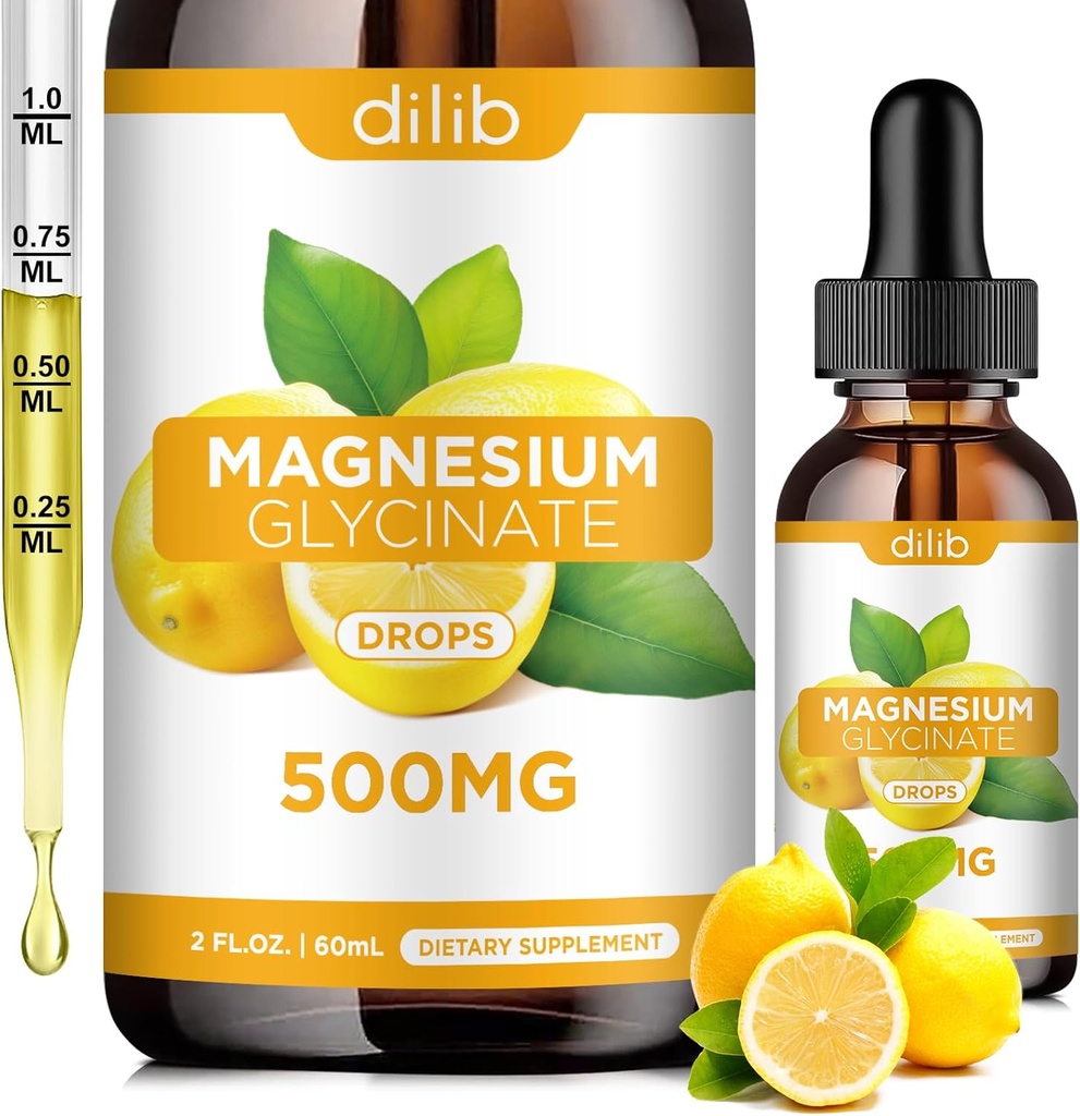 מגנזיום Glycinate תוסף, Magnesium Glycinate נוזל טיפות 500 מ"ג עם Calcium, Zinc, ויטמין B6, D3, L-theanine, אומגה 3 לשינה, Mood, Stress Relief, העצם, שריר, לימון פלמור