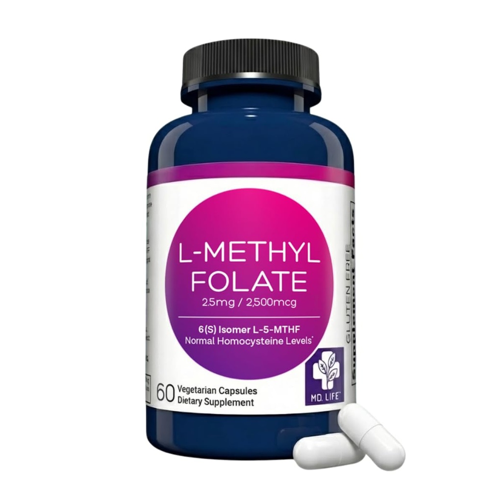 MD Life L-Methylfolate 2.5 מ"ג תוסף - Professional-Grade Active L Methylfolate תוסף - 60 קפסולות - L-Methylfolate 2.5 מ"ג - כוח מקסימלי MTHFR W / Essential Amino Acids