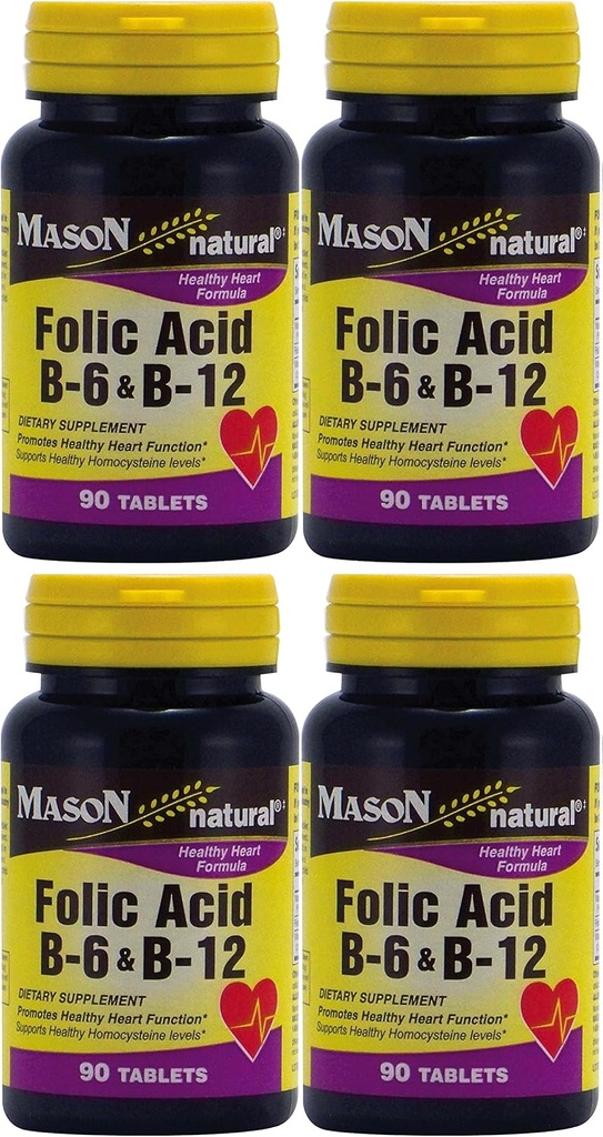תוספי ויטמינים Folic Acid B-6 & B12 בריאות הלב פורמולה 90 טבליות עבור חבילת בקבוק של 4 Total 360 טבליות