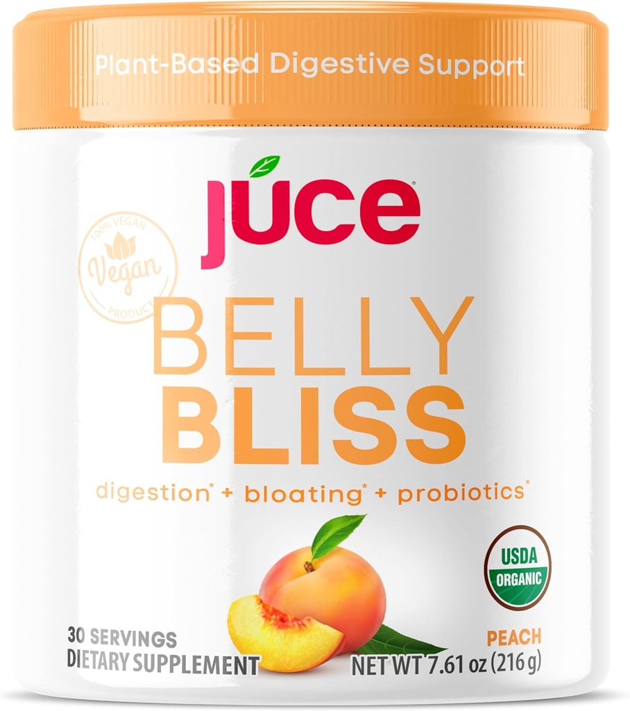 Júce Belly Bliss, Peachy Greens, 30 מנות, Probiotics + ירוק, Bloating תמיכה עם צמחי מבוסס אנזים, אבקת תוספי תזונה - על ידי Terra Kai אורגניs