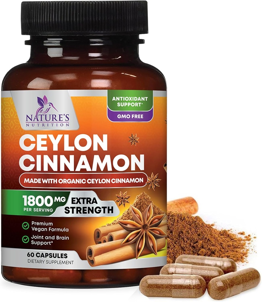 אורגני Ceylon Cinnamon תוסף 1800 מ"ג - מוסמך אורגני Ceylon Cinnamon אבקת גלולות - אנרגיה ותמיכה לב לנשים וגברים, בבקבוק בארה"ב, אנטי-חמצן, Gluten Free, non-GMO - 60 קפסולות