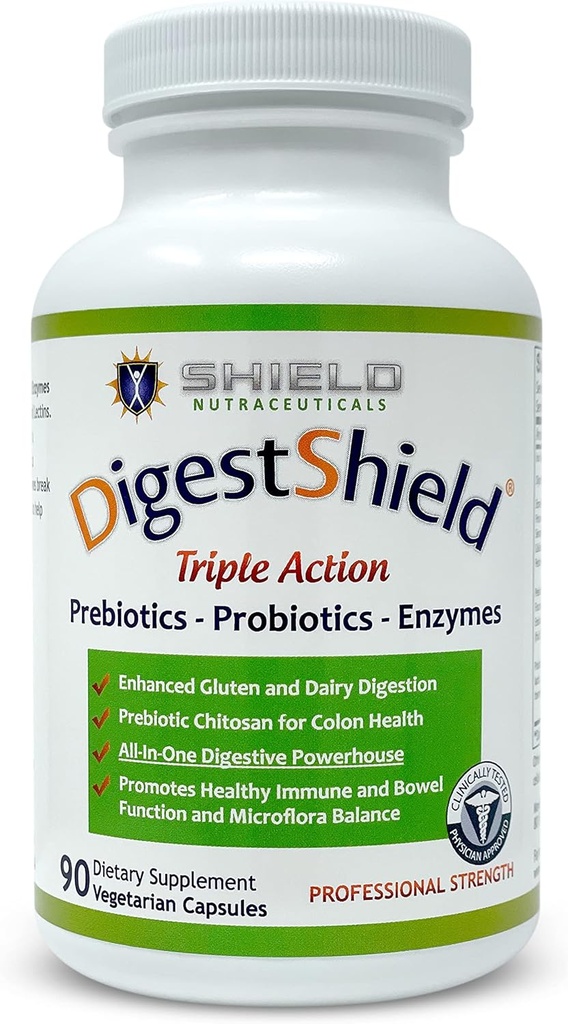 DigestShield® Probiotic & Prebiotic תוסף + Digestive Enzymes, Beat the Bloat, Safely Digest, Gluten and Processed Foods, צמצם את צריכת השומן עם Chitosan, 90-Meal Supply.