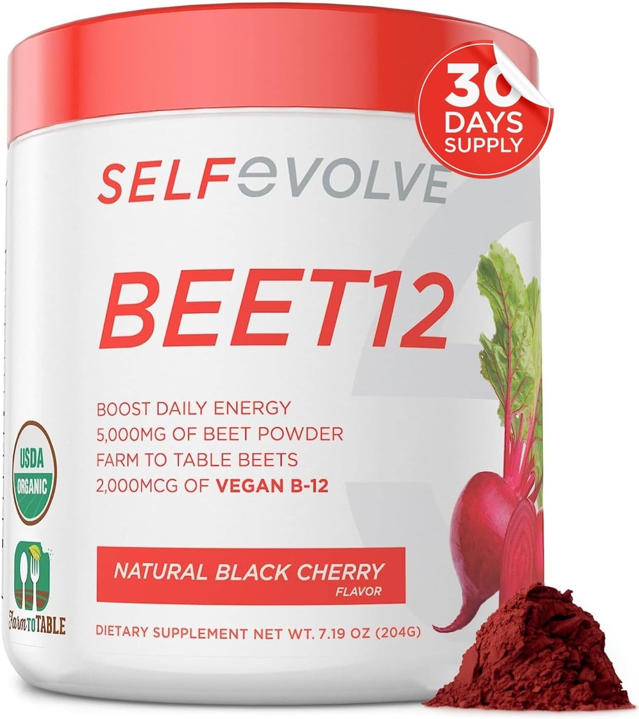 גידול עצמי של Beet12 - אבקת שורש אורגני של Beet גדל עם ויטמין B12, Nitric Oxide Booster, אבקת Beet Juice Support Natural Energy, Beet אבקת עם Black Cherry Flavor, 30 משרתים