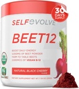 גידול עצמי של Beet12 - אבקת שורש אורגני של Beet גדל עם ויטמין B12, Nitric Oxide Booster, אבקת Beet Juice Support Natural Energy, Beet אבקת עם Black Cherry Flavor, 30 משרתים