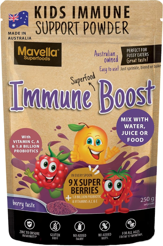 Kids Immune Supportאבק - Immune System Support with ויטמין C + E, Magnesium & Probiotics עבור עם 9 Superberries - ברי טעם חניכיים אלטרנטיבי 8.82oz (250g)