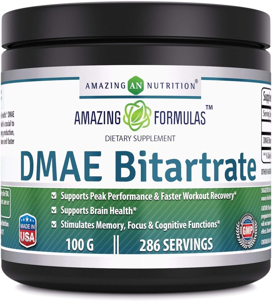 פורמולה מדהימה DMAE Bitartrate אבקת תוסף | 100 גרמים | 286 משרתים | Non-GMO | Gluten-Free | Made in USA