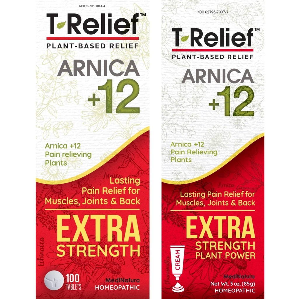 MediNatura T-Relief תוספת כוח כאב הקלה Arnica +12 כאב מבוסס צמחים Relievers 100ct טבליות T-Relief תוספת כאב הקלה 3oz Cream Bundle