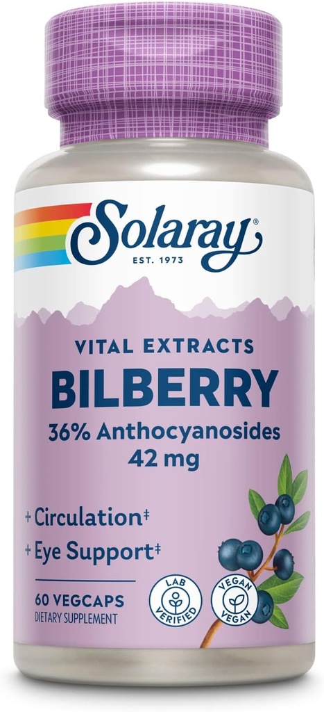 SOLAרי בילברי ברי הוציא 42 מ"ג, תמיכה ב- Eye Health & Circulation, עם 36% Anthocyanosides, טבעוני, 60 VegCaps