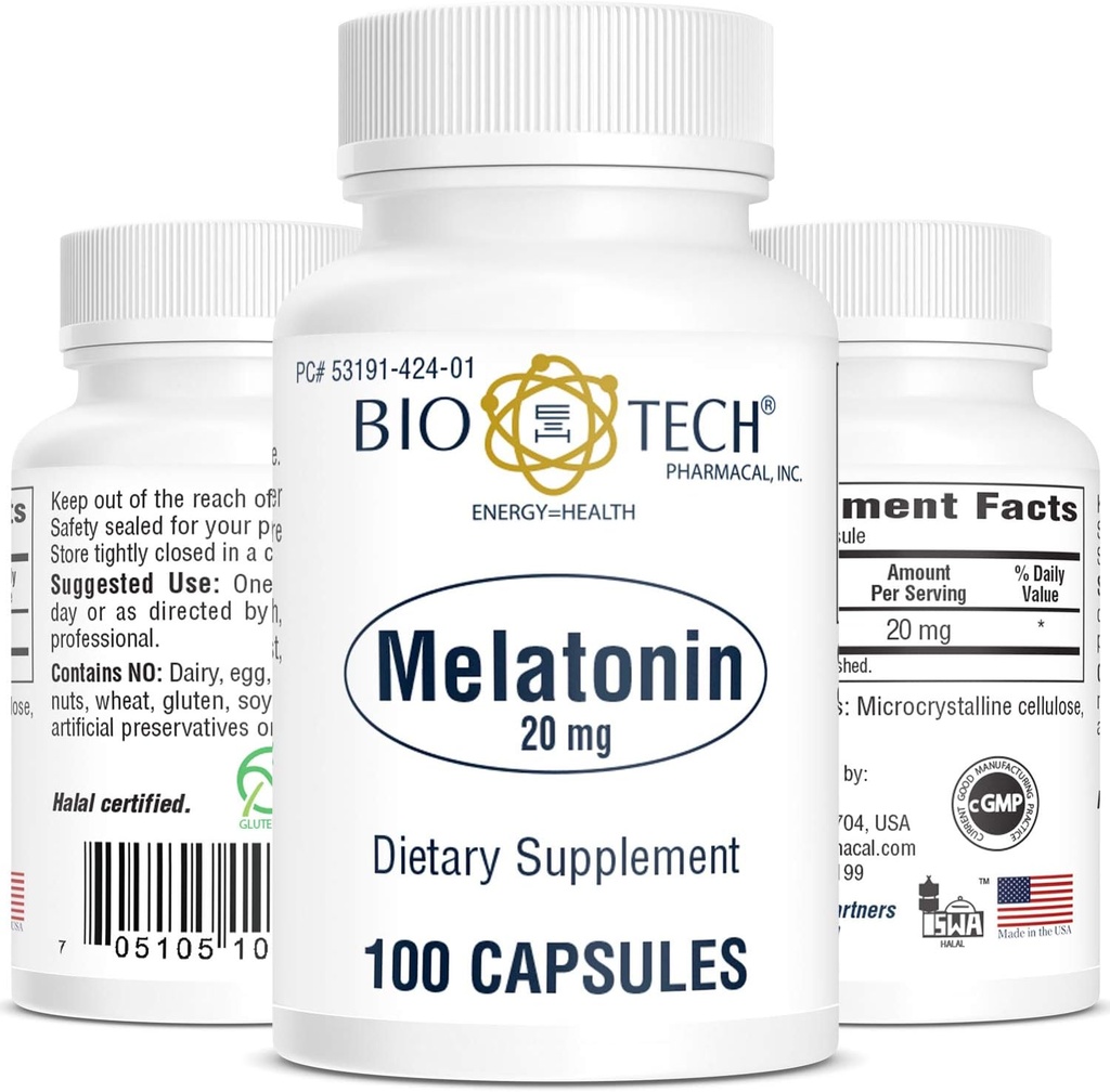 Bio-Tech Pharmacal Melatonin (20mg, 100 קפסולות)
