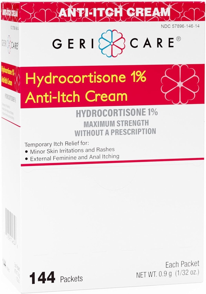 Gericare Hydrocortisone 1% Anti-Itch Cream, כוח מקסימלי, 144 Count Pack, 0.5oz כל Packet (Pack of 1)