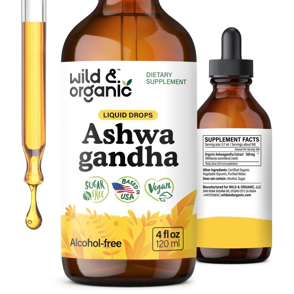 Wild & Organic Ashwagandha Drops - Mood תומך תוסף w / Ashwagandha Root Extracts - טיפות נוזלי עבור Calm Mind - להרגיע תוספי מזון - סוכר ואלכוהול חינם - 4 fl oz