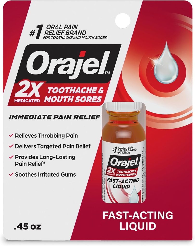 Orajel 2X Medicated Toothache & Mouth Sores נוזל, 0.45 fl oz