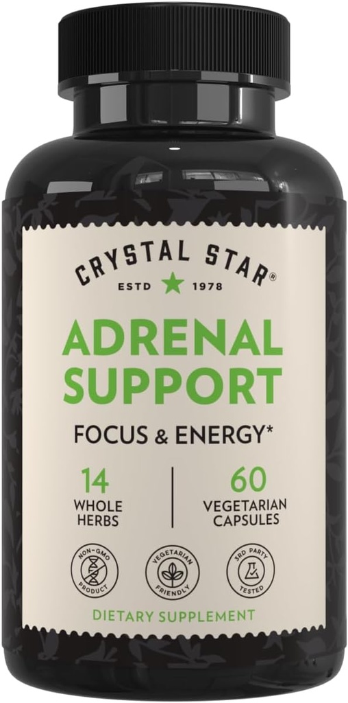 Crystal Star Adrenal Support Supplement (60 Capsules) – Daily Herbal Cortisol Supplement for Stress Relief & Adrenal Fatigue - Siberian Eleuthero, Licorice, Uva Ursi, Astragalus & Fo-ti – Non-GMO