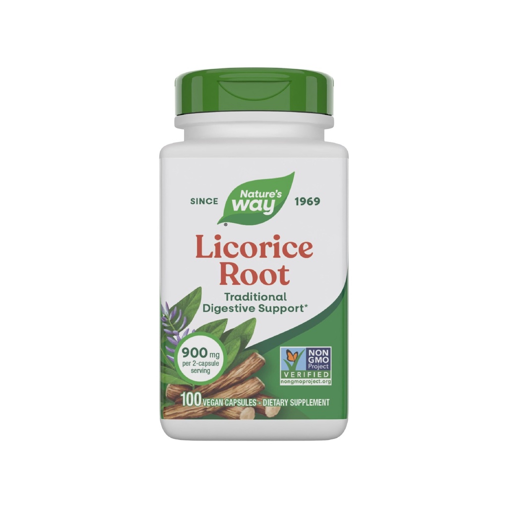 Nature's Way Licorice Root, תוספת תמיכה מסורתית Digestive *, 900 מ"ג ל- 2Capsule משרת, Non-GMO Project מאומת, 100 קפסולות טבעוניות (Packaging May Vary)