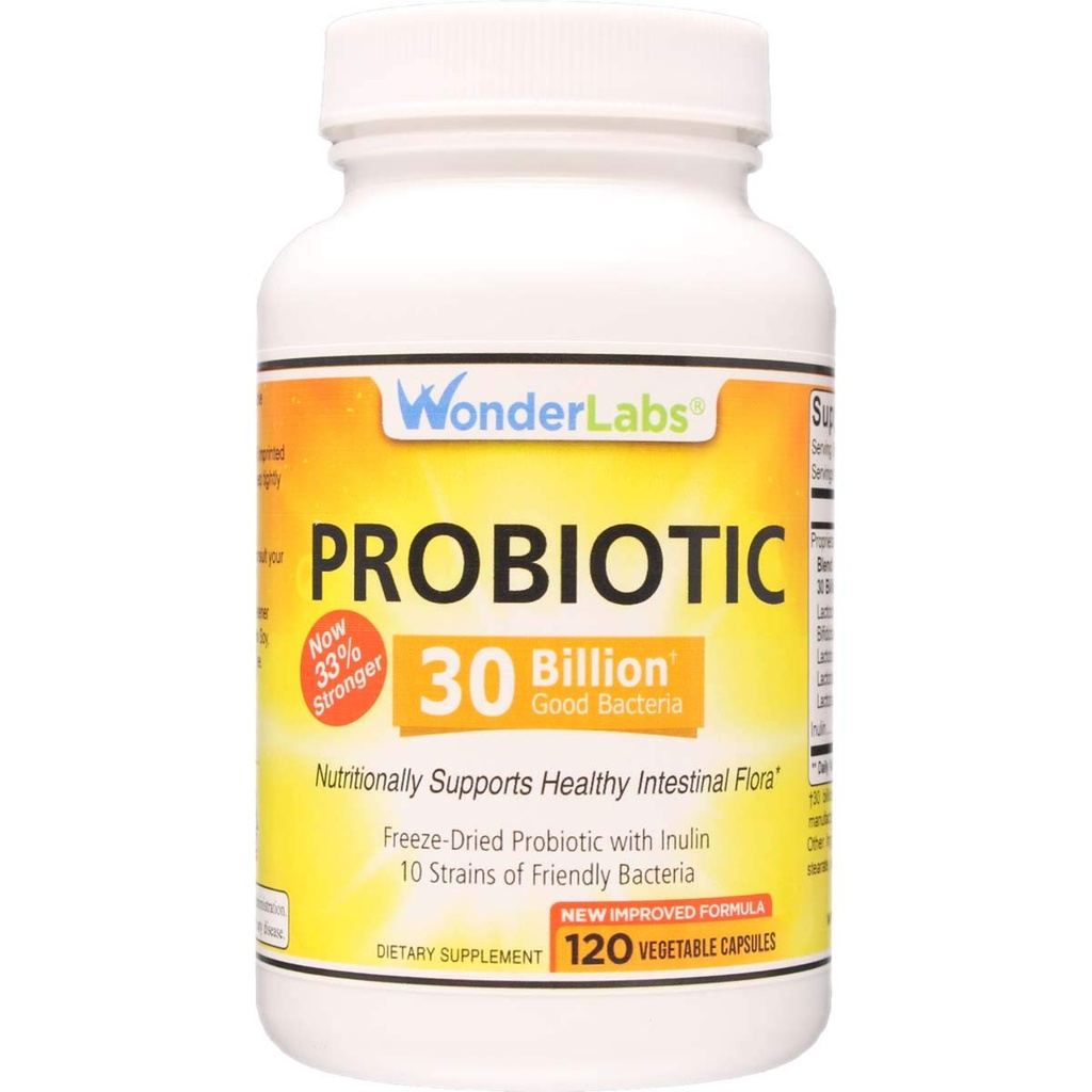 Wonder Laboratories Probiotic 30 מיליארד Bacteria (8 Lactobacillus Strains ו 2 Bifido חיידקינס), תמיכה תזונתית מערכת העיכול, 120 קפסולות