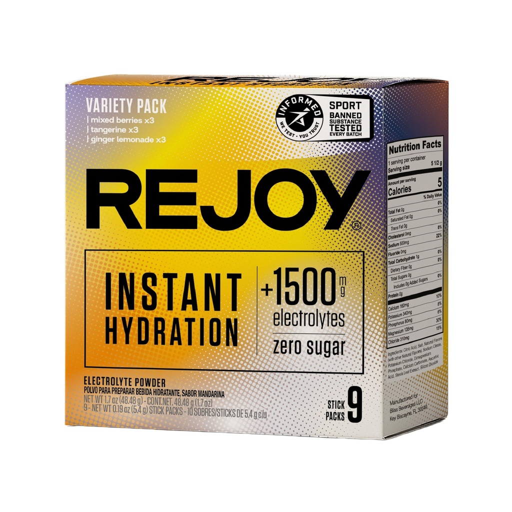 Rejoy - Electrolyte אבקת Packets, 9 Sticks - hydrotion Drink Supplement - Sugar Free, Keto ו- Paleo Friendly, Vegan, Non-GMO, Easy Open Single-משרתת Stick (Variety Pack)