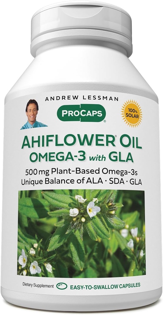 ANDREW LESSMAN Ahiflower אומגה 3 עם GLA - 60 Softgels - ייחודי איזון, מקור מבוסס צמחי של חומצות שומן אומגה 3. No Stomach Upset, Contaminants או מרקורי. קל ל Swallow