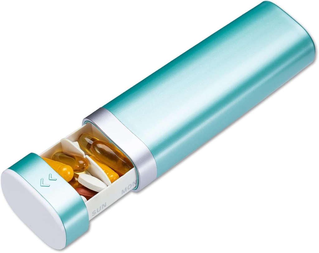 Betife Travel Pill מארגנת יום 7 שבועי, קומפקטית כל יום Pill Box, Portable Medicine Case, Pill Holder עבור תוספי ויטמינים, Drawer-Shaped Pills מארגנת (Green)