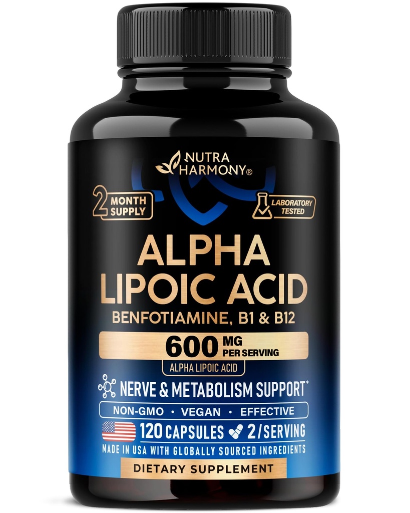 Alpha Lipoic Acid 600 מ"ג - ALA תוסף Antioxidant for Nerve, Energy & Metabolism תמיכה - תוספת כוח עם Benfotiamine, B1 & B12 - מעבדה נבדקה, non-GMO & טבעוני - 120 קפסולות, 2 חודשים אספקה אספקת חשמל