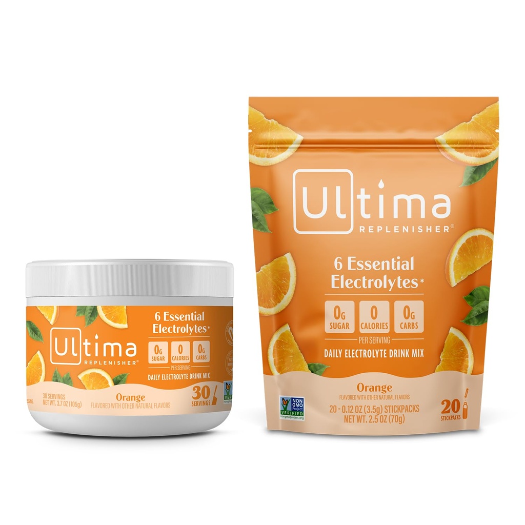 Ultima Replenisher Electrolyte אבקת לשתות Mix Bundle - סוכר חינם - כתום, 30 משרת Canister ו 20 Stickpacks - 6 אלקטרוליטים ומינרלים - Keto Friendly, טבעוני, non-GMO