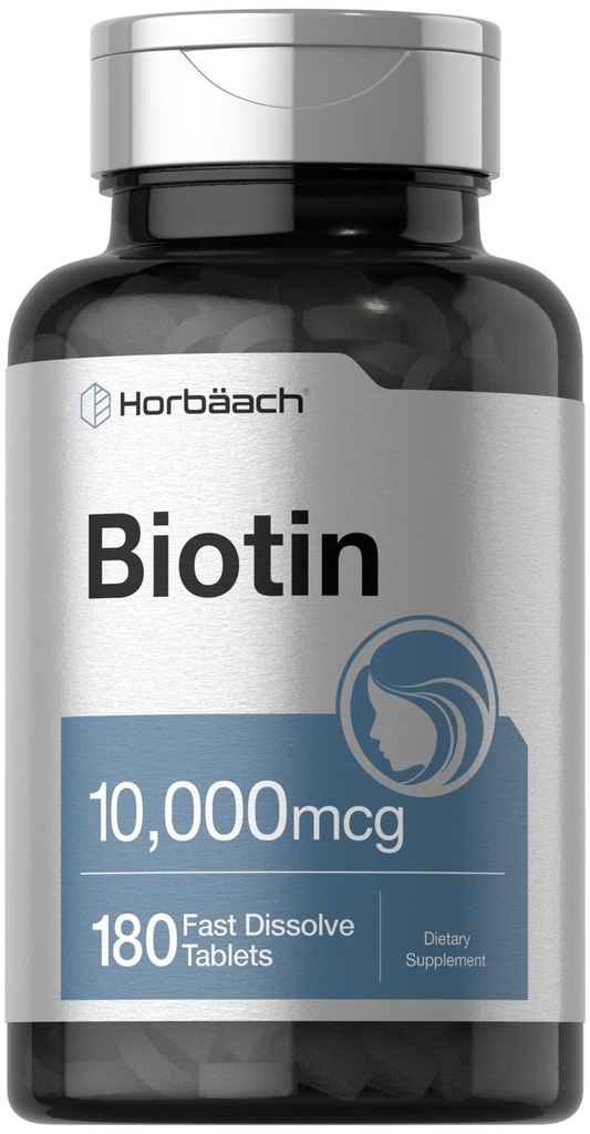 Horbäach Biotin 10000mcg | 180 טבליות דיסלוט מהיר עבור נשים וגברים | תוספי יופי | Vegetarian, non-GMO, Gluten Free