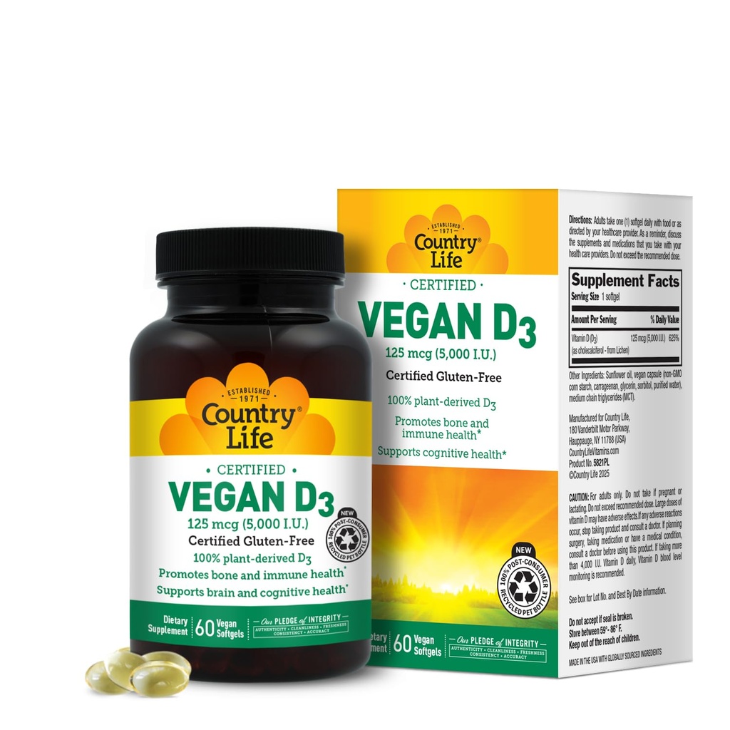 כפרי חיים טבעוניים D3 5000 IU - Plant-Derived ויטמין D3 מ- Lichen - High Potency Immune &עצמות תמיכה - טבעוני מוסמך, Gluten-Free, non-GMO - 60 Softgels