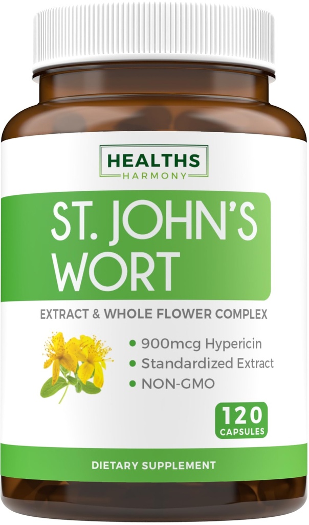 הקפסולות של סנט ג'ון - Powerful & Potent Saint John's Wort Extract & Whole Herb Complex Standardized to 900mcg Hypericin for Balancing Daily Mood Support - טבעוני Non-GMO & Lab מאומת (120 Caps)