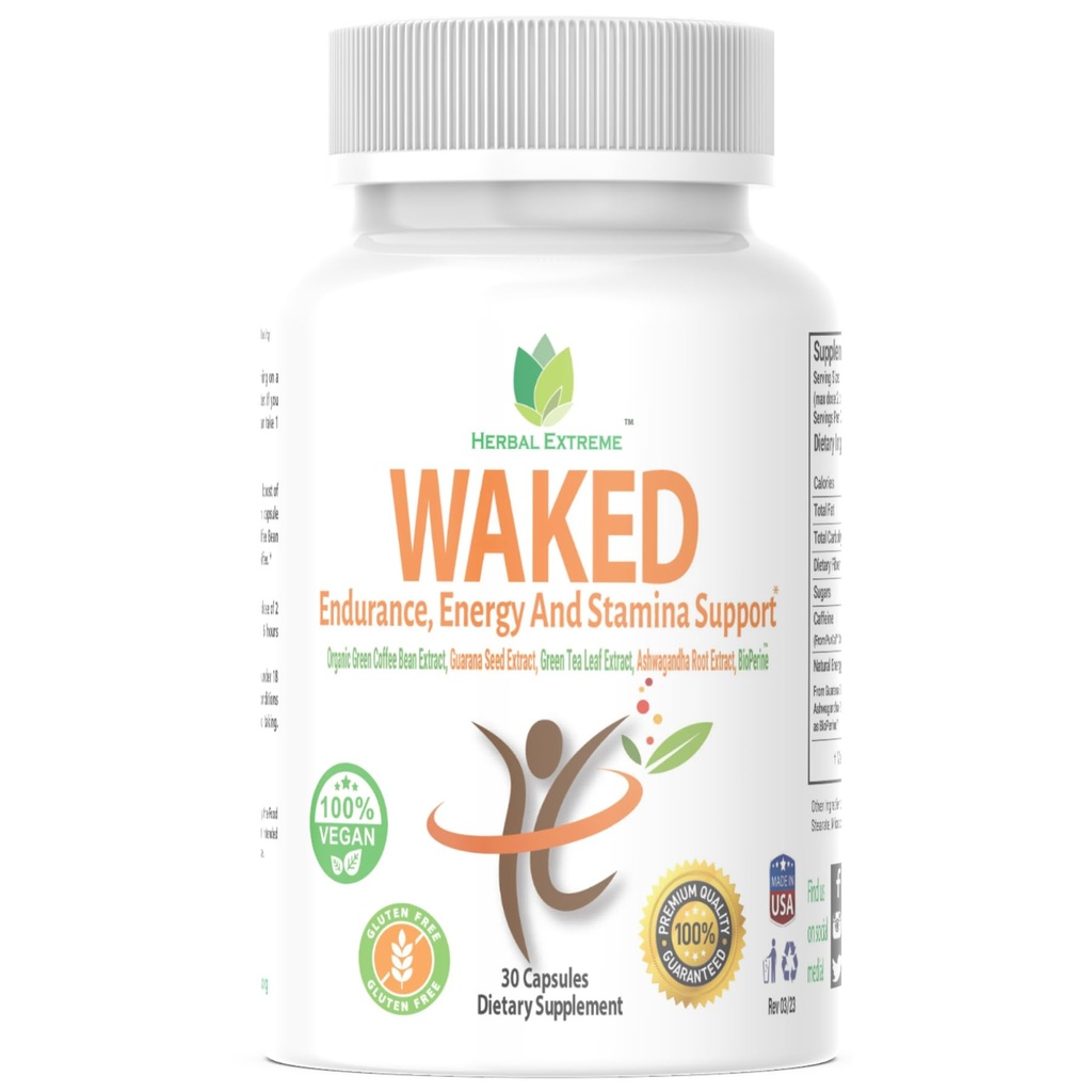 Waked Endurance, Energy and Stamina תומך 30 קפסולות אורגניות קפה ירוק bean Extract, Guarana Seed Extractd Extract, Green Tea Extract, Ashwagandha Root Extract, ו Black Pepper לחלץ כמו BioPerine