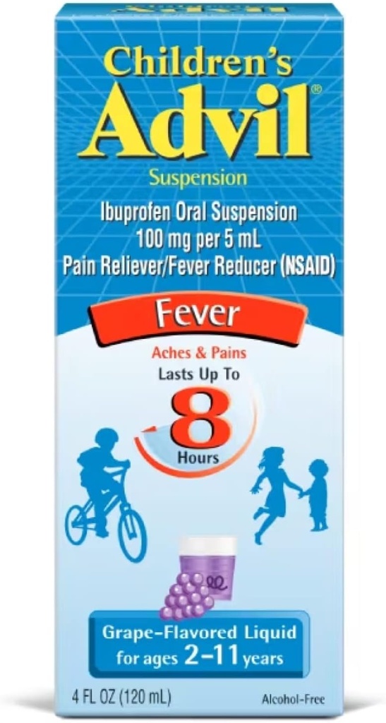 עו"ד ילדים Suspension Ibuprofen 100 מ"ג כאב מהיר Reliever ו- Fever מפחית עד 8 שעות Grape Flavor נוזל במשך 2 עד 11 שנים - 3 Pack של 4 FL Oz בקבוקים