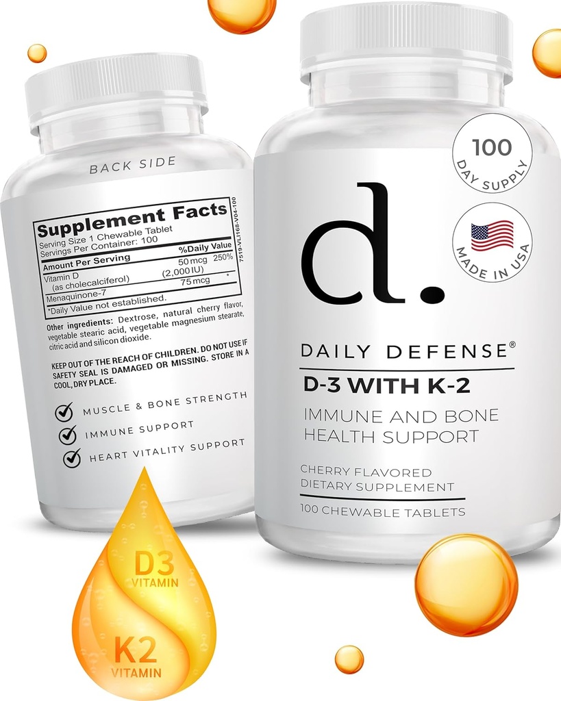 Immune Defense Supplements ויטמין D3 K2 2000IU לבריאות הלב, תמיכה יומית Immune, בהירות נפשית ותפקוד שרירים - 100 טבליות צ'ירוק
