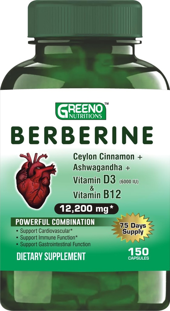 ברברין 12200 מ"ג עם Ceylon Cinnamon Ashwagandha ויטמין D13 + ויטמין B12 Immune Heart Support - 75 Days Supply Count (Pack of 1)