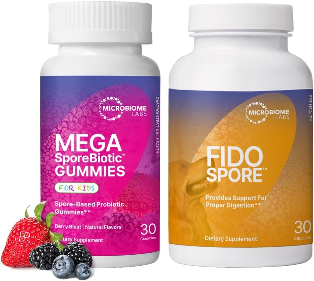 Microbiome Labs Kids & Pet Probiotic Bundle - MegaSporeBiotic לילדים + FidoSpore Spore מבוסס פרוביוטיקה לכלבים וחתולים