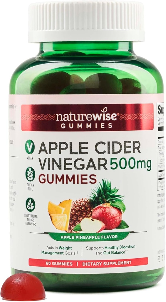 NatureWise Apple Cider Vinegarmies - 1000 מ"ג ACV לכל 2 + ויטמין B12 - Pectin Based, Gluten-Free, non-GMO - 60 Count[30-Day Supply Supply for 1000mg or 2 Monteh Supply for 500 מ"ג]