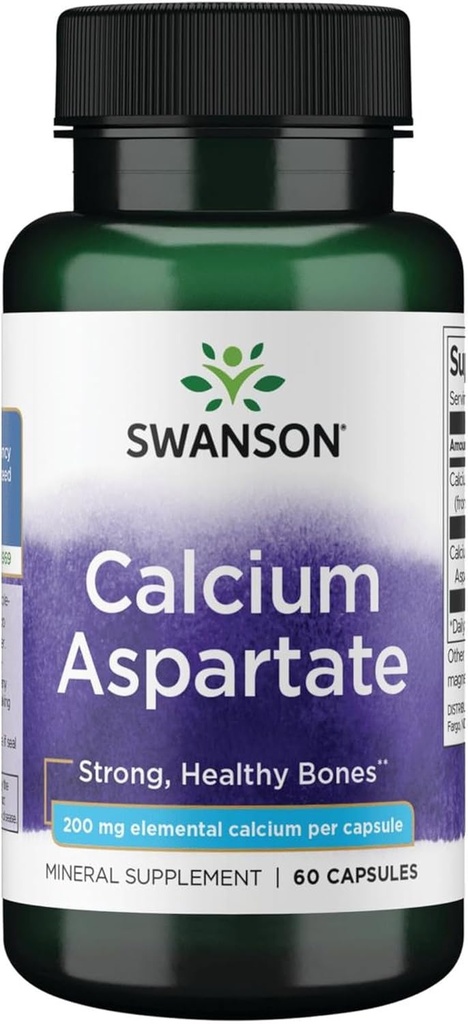 Swanson Calcium Aspartate - תוסף צמחי לקידום העצם, הלב ובריאות השרירים - פורמולה טבעית לקידום כל הגוף - (60 קפסולות-200 מ"ג כל אחד)