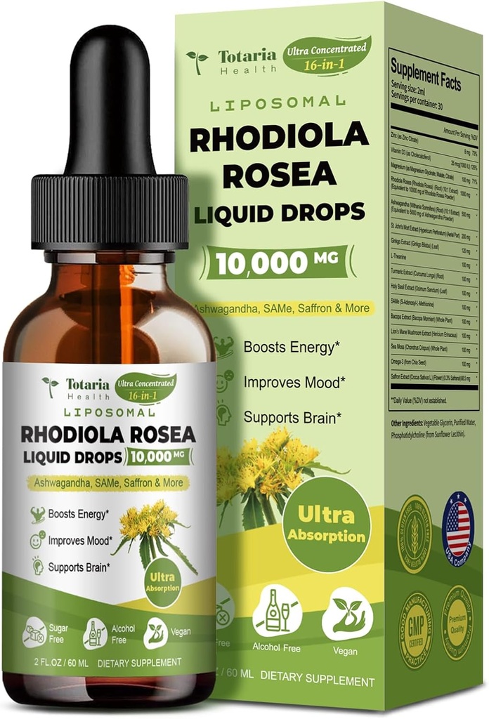 Totaria Liposomal Rhodiola Rosea Tincture 16 ב 1, w/Ashwagandha, L-theanine, Saffron, Ultra Power Cortisol עם Rhodiola Rosea, Magnesium
