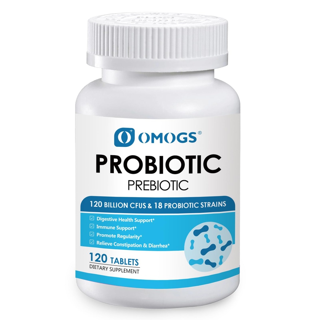 OMOGS Probiotics 90 מיליארד CFUs 18 סטרינס, עם 3 אורגני Prebiotics & ויטמין C, תוספת אנטרית לנשים, גברים וילדים, Support Metabolism, Immunity ובריאות העיכול, Non-GMO, 90 טבליות