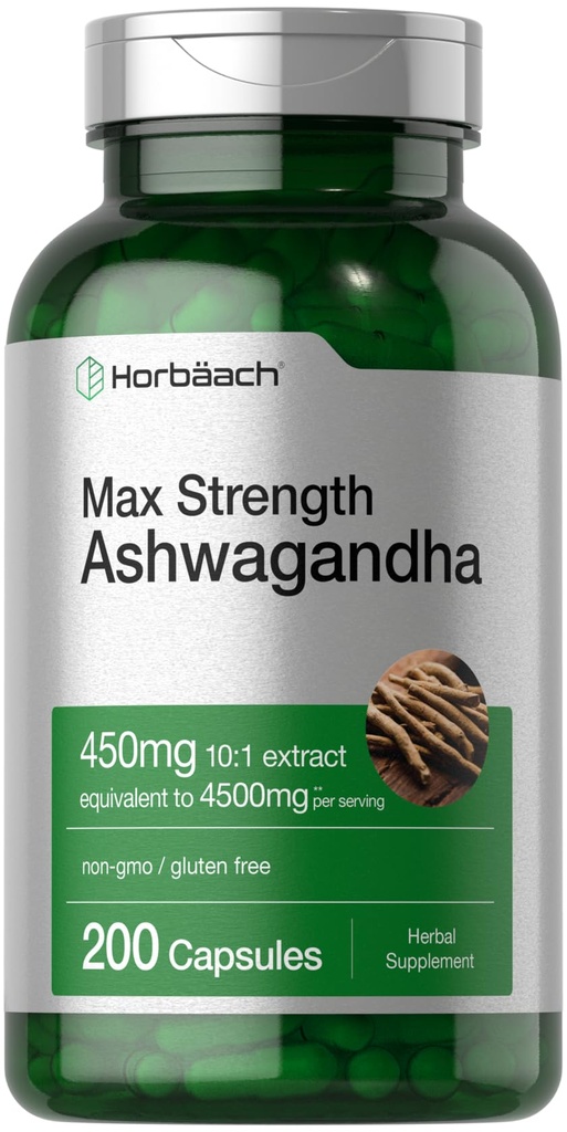 Horbäach Ashwagandha תוסף | Max Power | 200 קפסולות | נשים וגברים | Non-GMO, Gluten Free