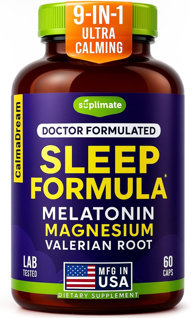 9-in-1 Melatonin Sleep Aid for Adults - ארצות הברית Made, מעבדה נבדקה עם מלטונין 5 מ"ג ו 108 מ"ג מגנזיום לשינה - TRAACS, Ashwagandha, Valan Root, GABA, 5HTP, Herbal Sleep, Vegan, 60s Caps Capsass.