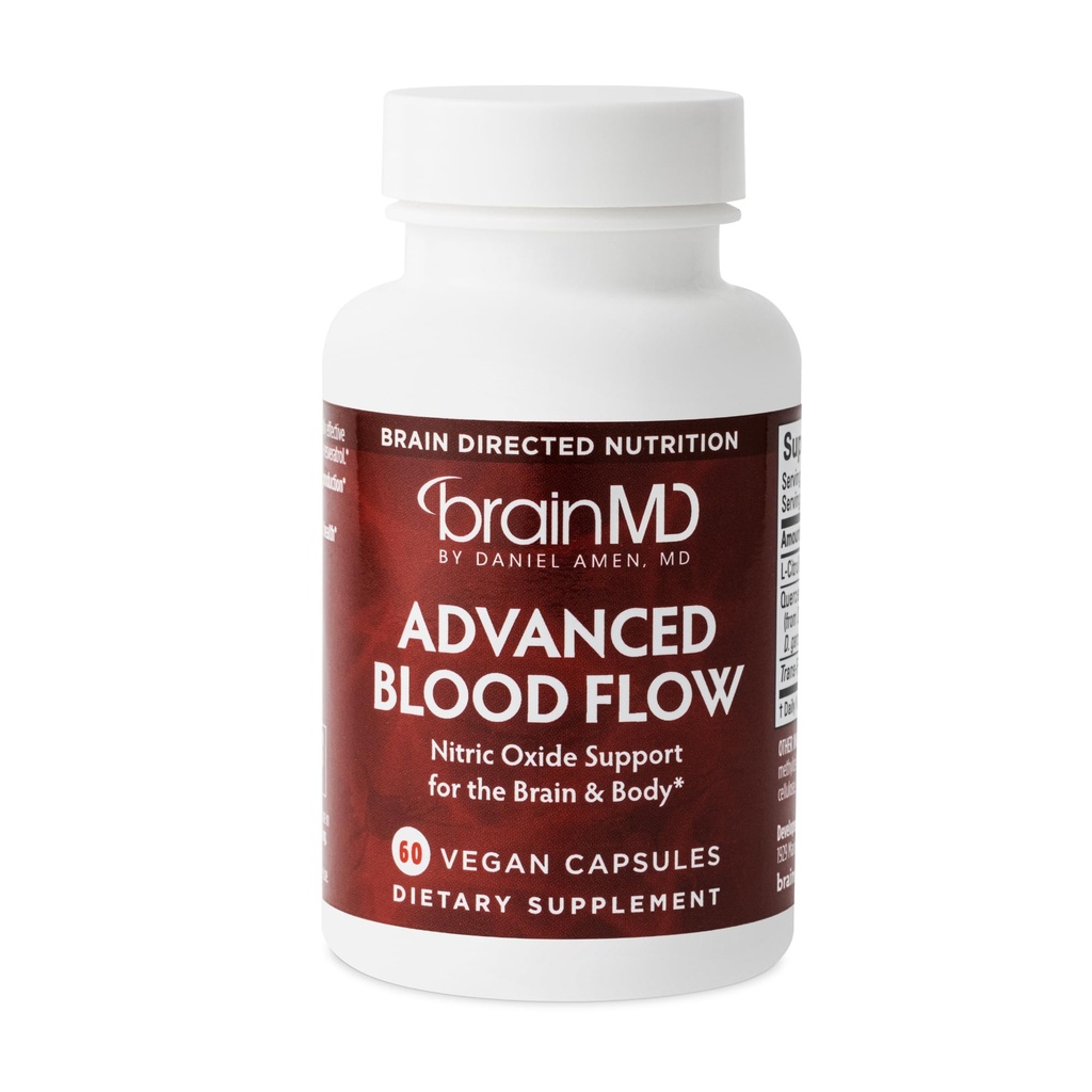 BRAINMD Advanced Blood Flow - 60 קפסולות טבעוניות - Nitric Oxide Support for the Brain & Body - Gluten Free - 30 משרתים