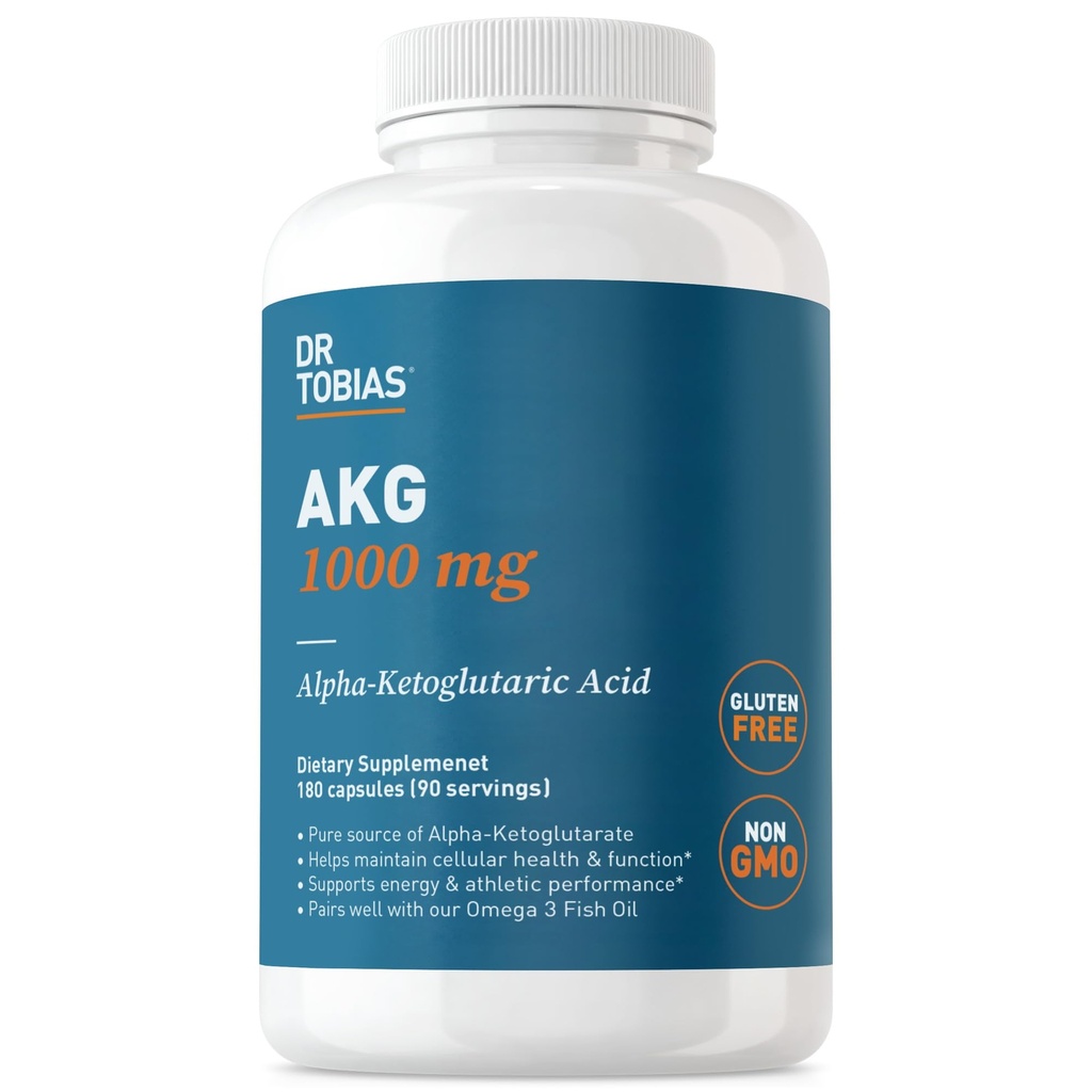 Dr. Tobias AKG תוסף 1000 מ"ג עבור המשרת, Bioavailable אלפא Ketoglutaric Acid, תומך אנרגיה סלולרית ו Nitric Oxide Flow, טבעוני, Gluten-Free, non-GMO, 180 קפסולות, 90 משרתות, 90 לשרתים, 90 לשרתים