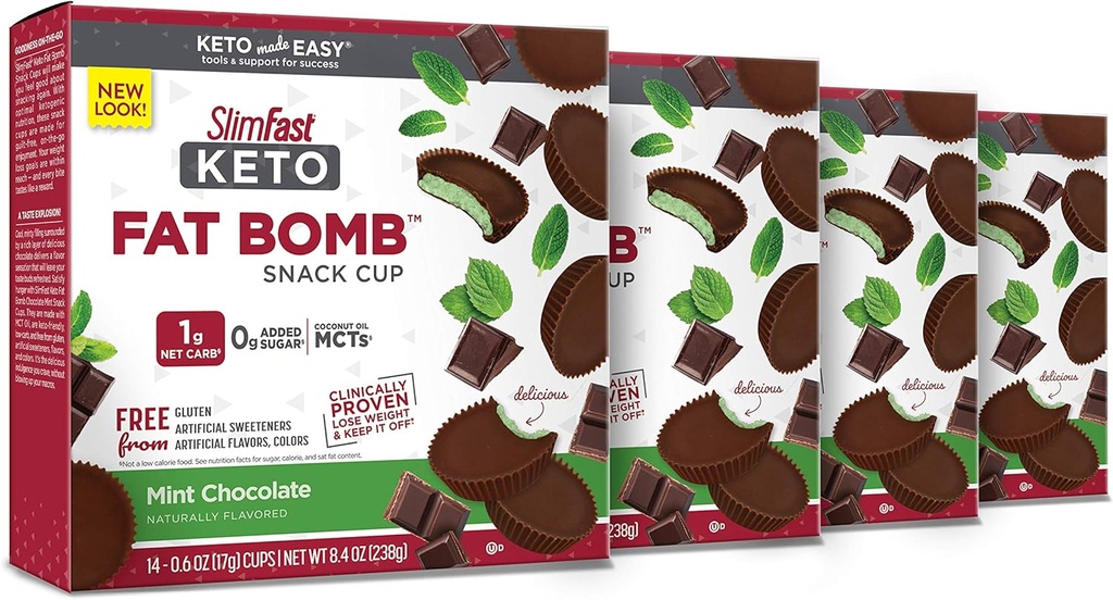 SlimFast Keto Fat Bomb חטיף גביע, שוקולד Mint, Keto חטיפים לירידה במשקל, פחמימות נמוך עם 0g הוסיף סוכר, 14 Count Box (Pack of 4)