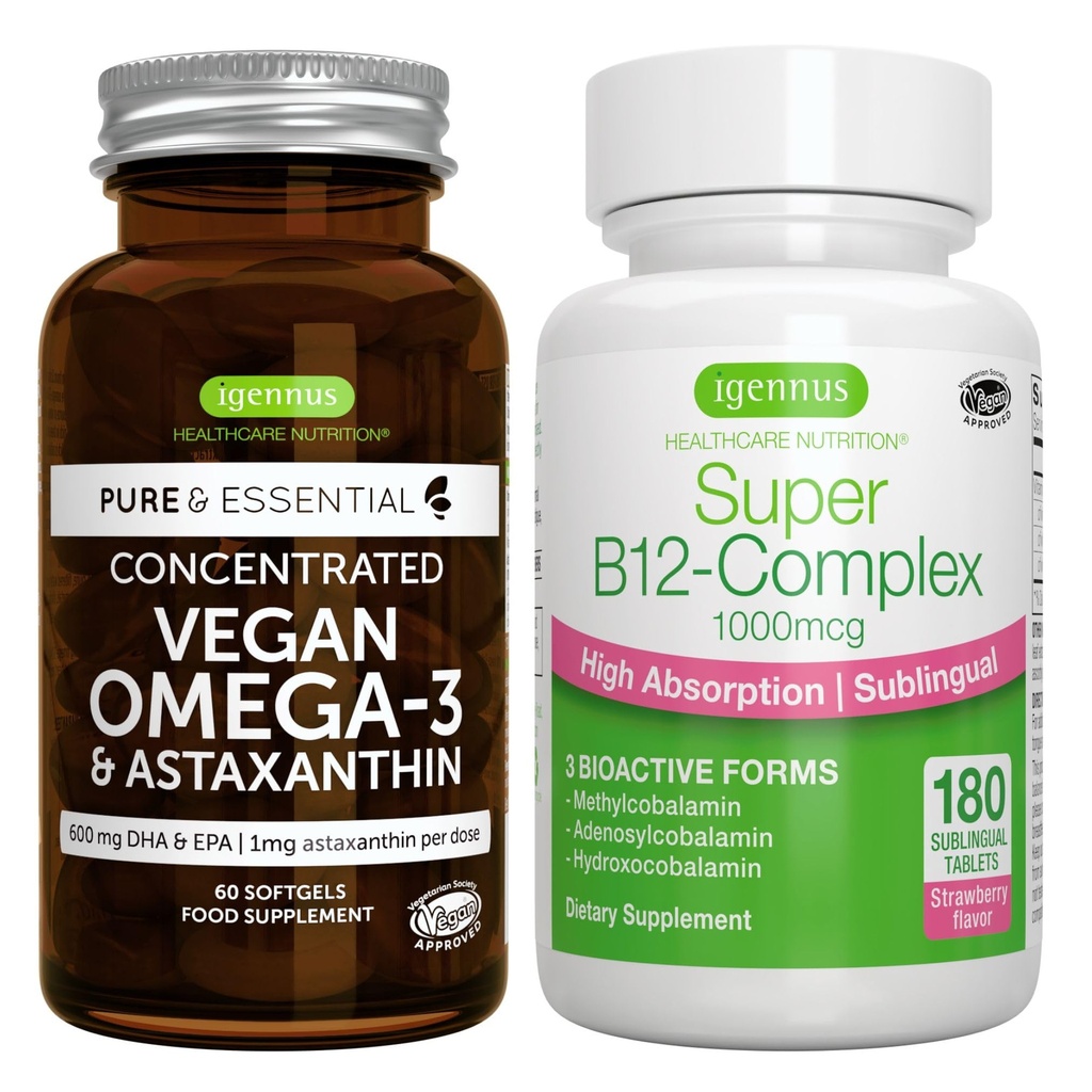 אומגה 3 + Super B12-Complex 1000mcg טבעוני Bundle, Sustainable EPA & DHA Algae שמן 1340 מ"ג + גבוה Absorption sublingual ויטמין B12 עם Methylclcobalamin, Adenosylcobalamin & Hydroxocobalamin, על ידי I I I I