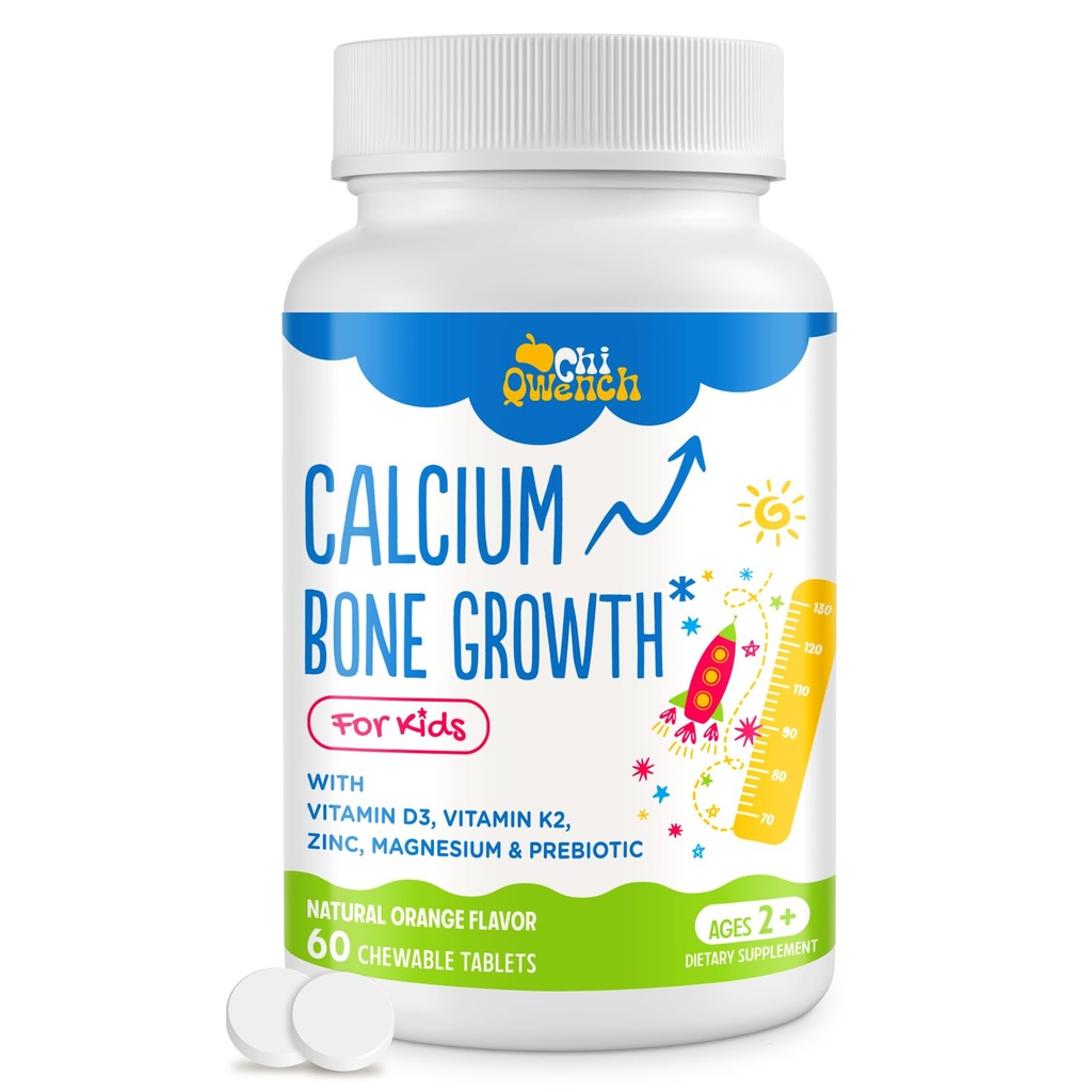 500 MG Calcium תוספת עם ויטמין D3 & K2, Zinc, Magnesium & Prebiotics. ויטמינים לילדים כוח העצם, Absorption גבוה, אורנג' צ'ואלה, Non-GMO,ten Glu, 60 Tabs
